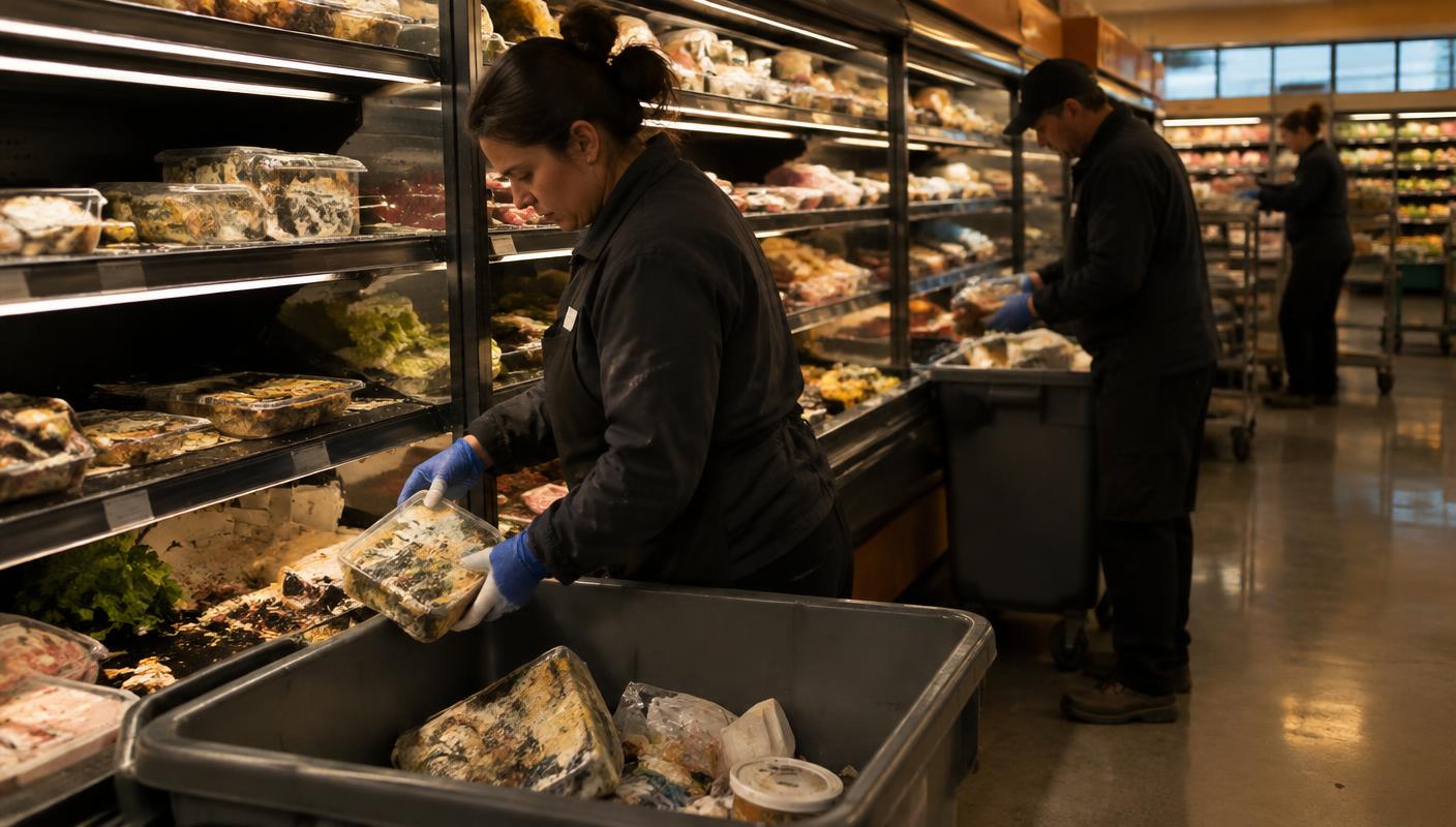 Staff clearing spoiled products after the attack