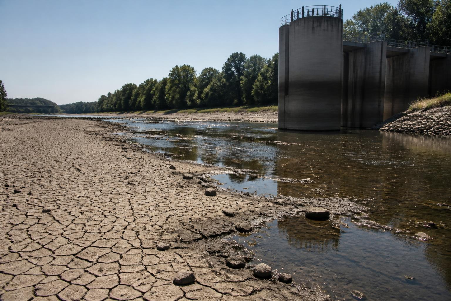 Dry, cracked riverbed beside a concrete cooling-water intake structure