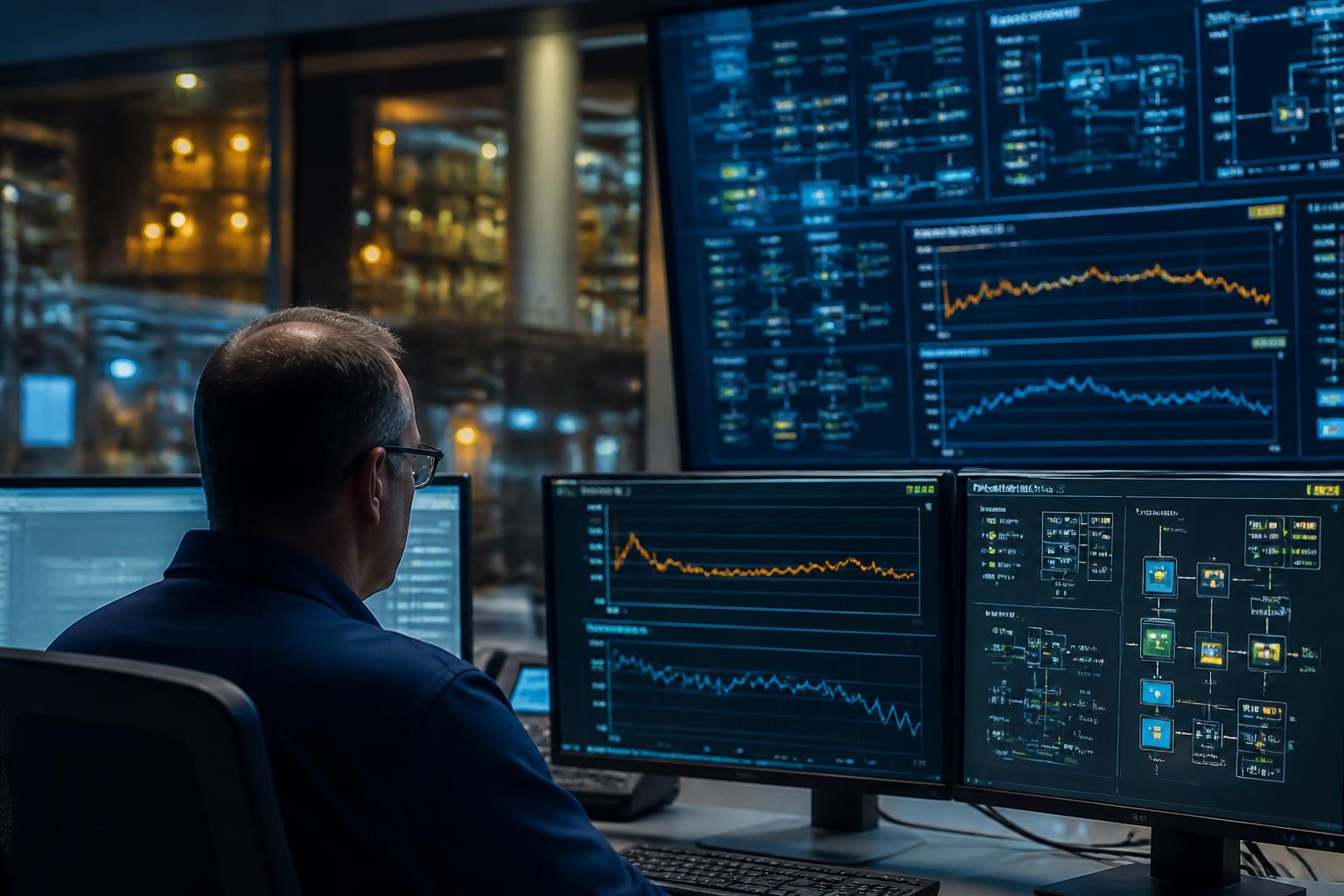Control room operator monitoring temperature and flow charts