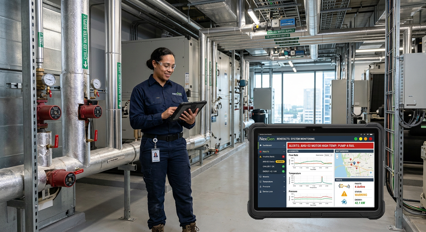 Técnico monitorizando sistemas de edificios remotamente con una tablet