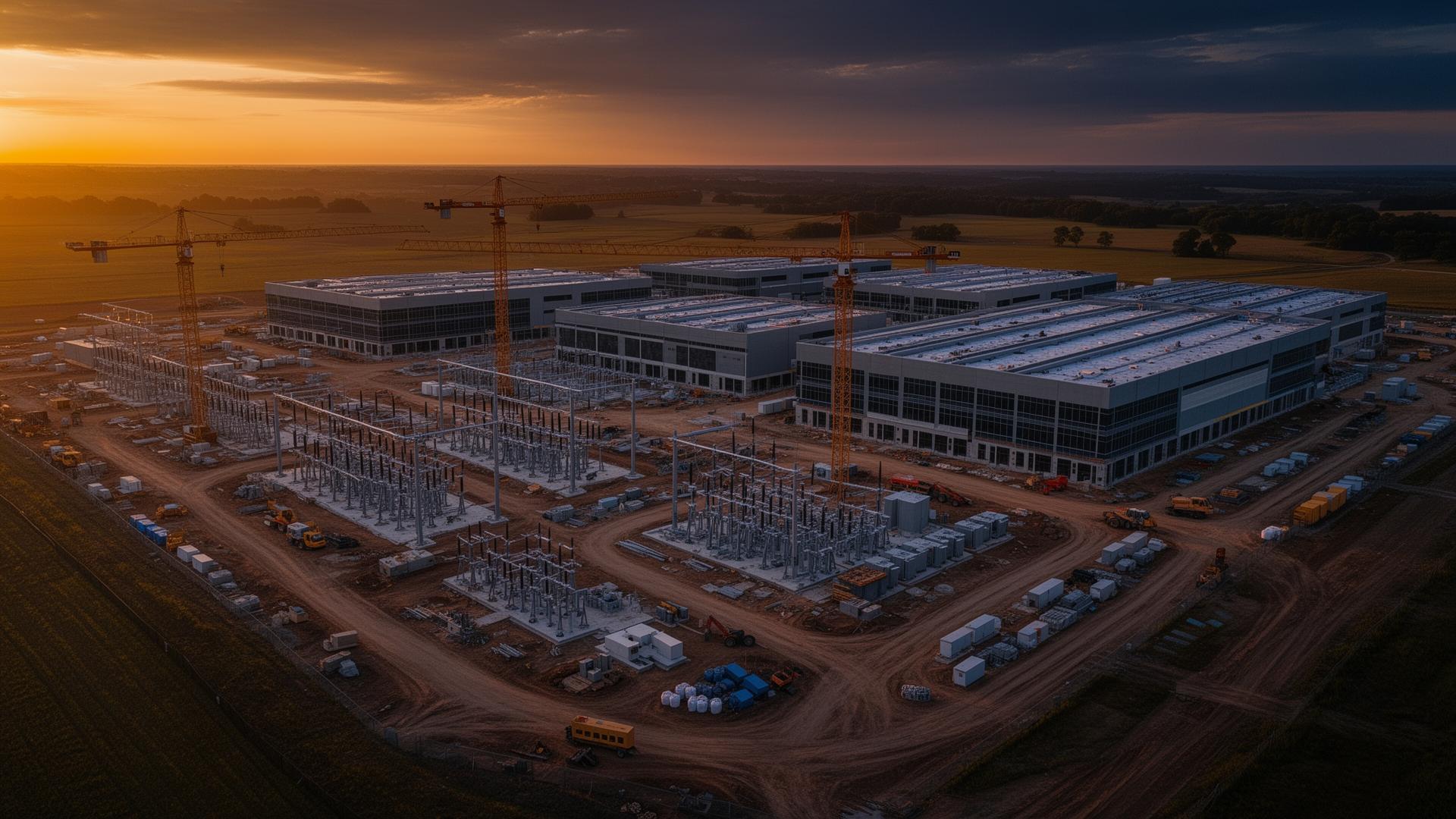 Vista aérea de un campus de data center en construcción al atardecer