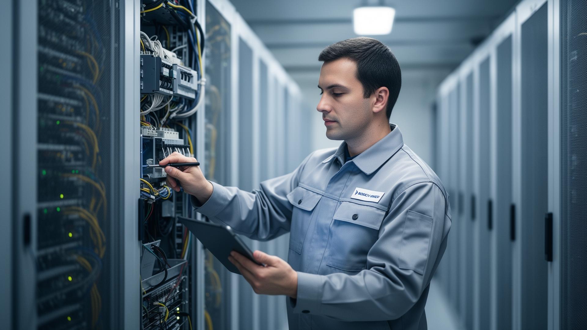 Técnico de data center realizando mantenimiento con una tablet